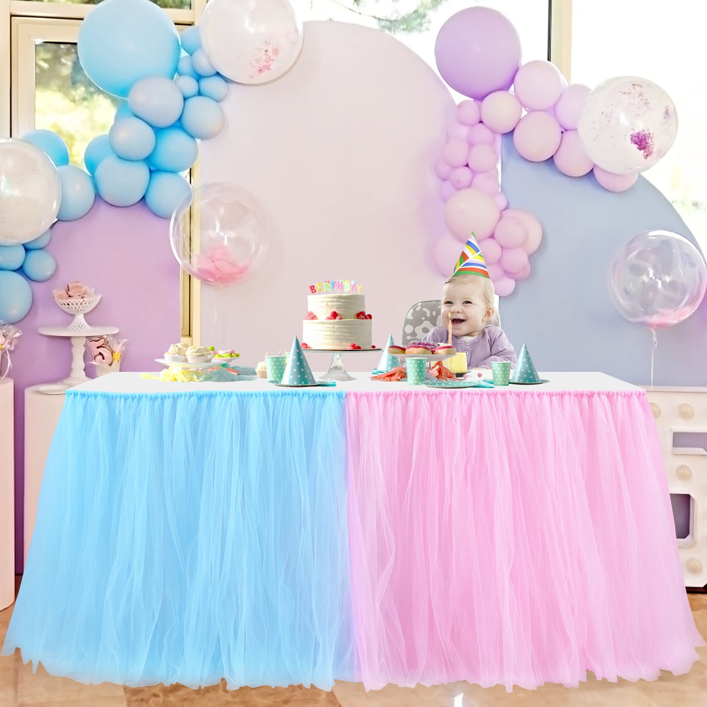 Blue and Pink tulle table skirt for gender reveal 6ft long