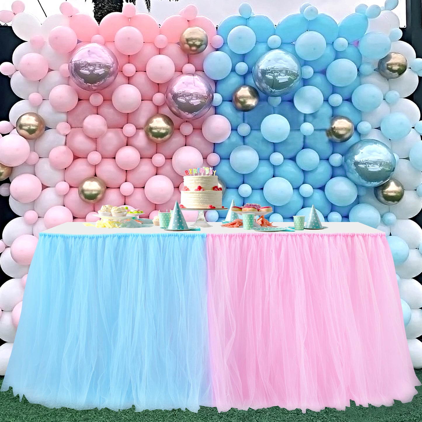 Blue and Pink tulle table skirt for gender reveal 6ft long