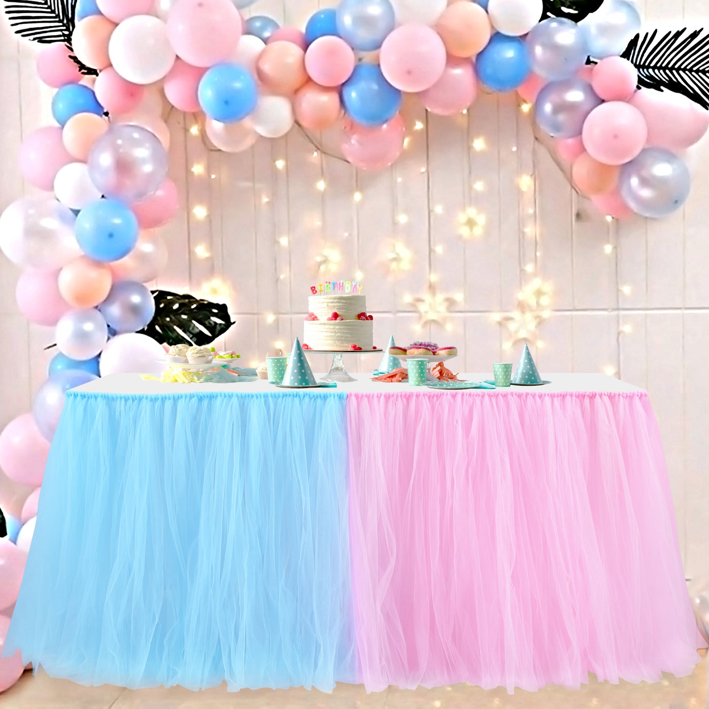 Blue and Pink tulle table skirt for gender reveal 6ft long