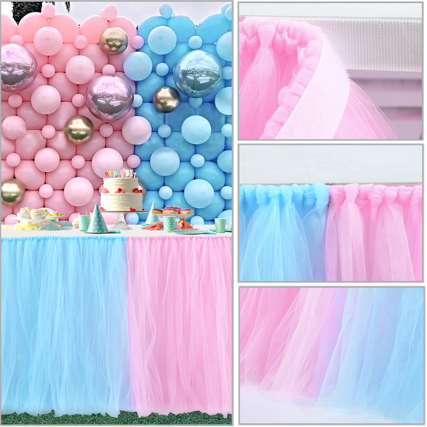 Blue and Pink tulle table skirt for gender reveal 6ft long