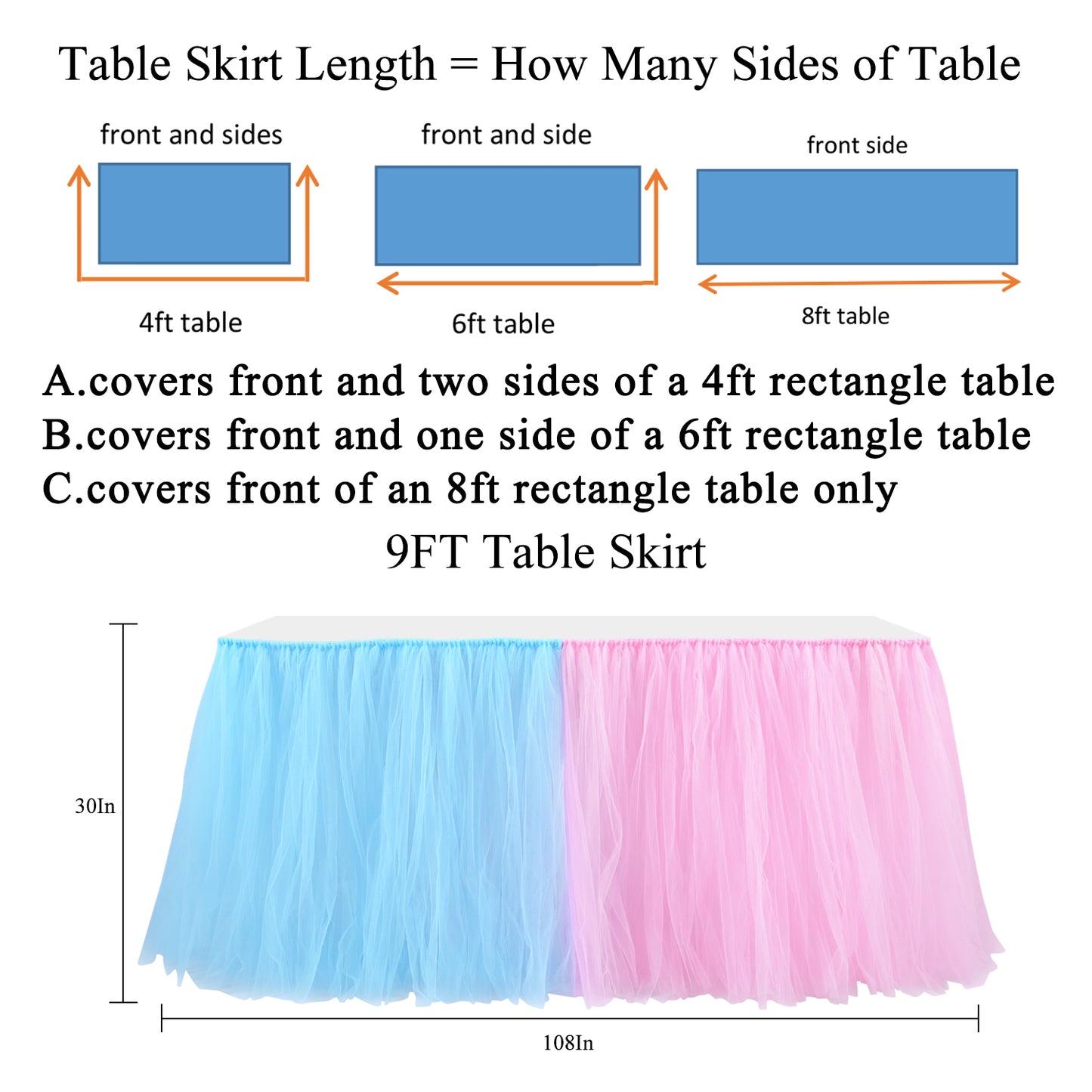 Blue and Pink tulle table skirt for gender reveal 6ft long