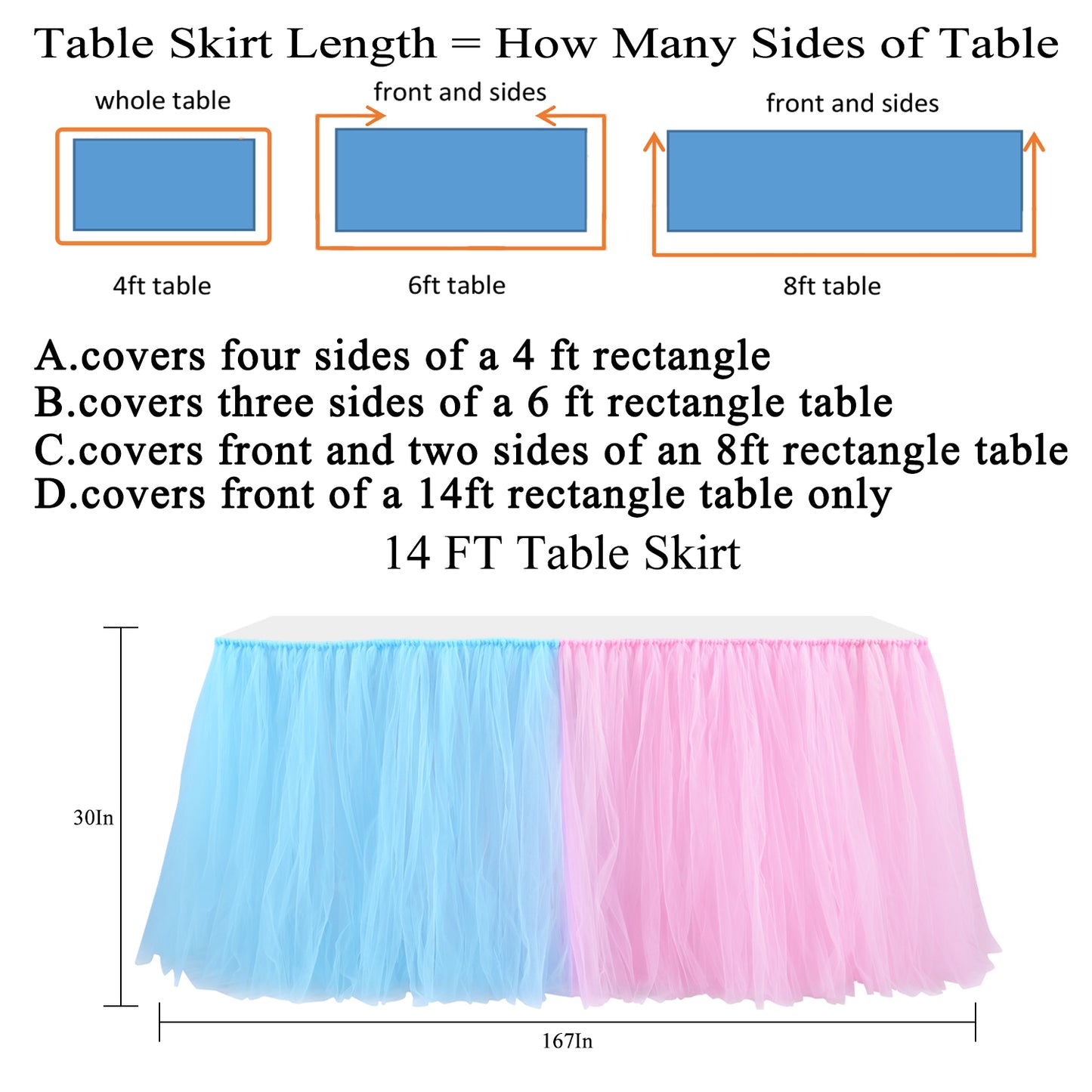 Blue and Pink tulle table skirt for gender reveal 6ft long